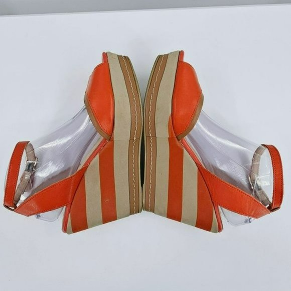 Malu Wedge Sandals 10 Super Comfort Orange Tan Stripe Tall Open Toe Ankle Straps - Picture 8 of 13